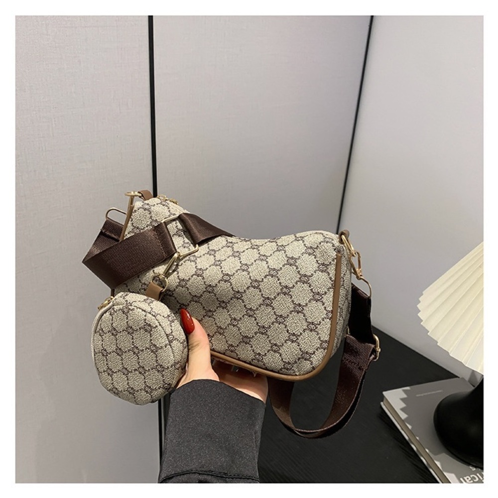 Tan and Brown PU Leather Crossbody Bag with Vintage Monogram Logo